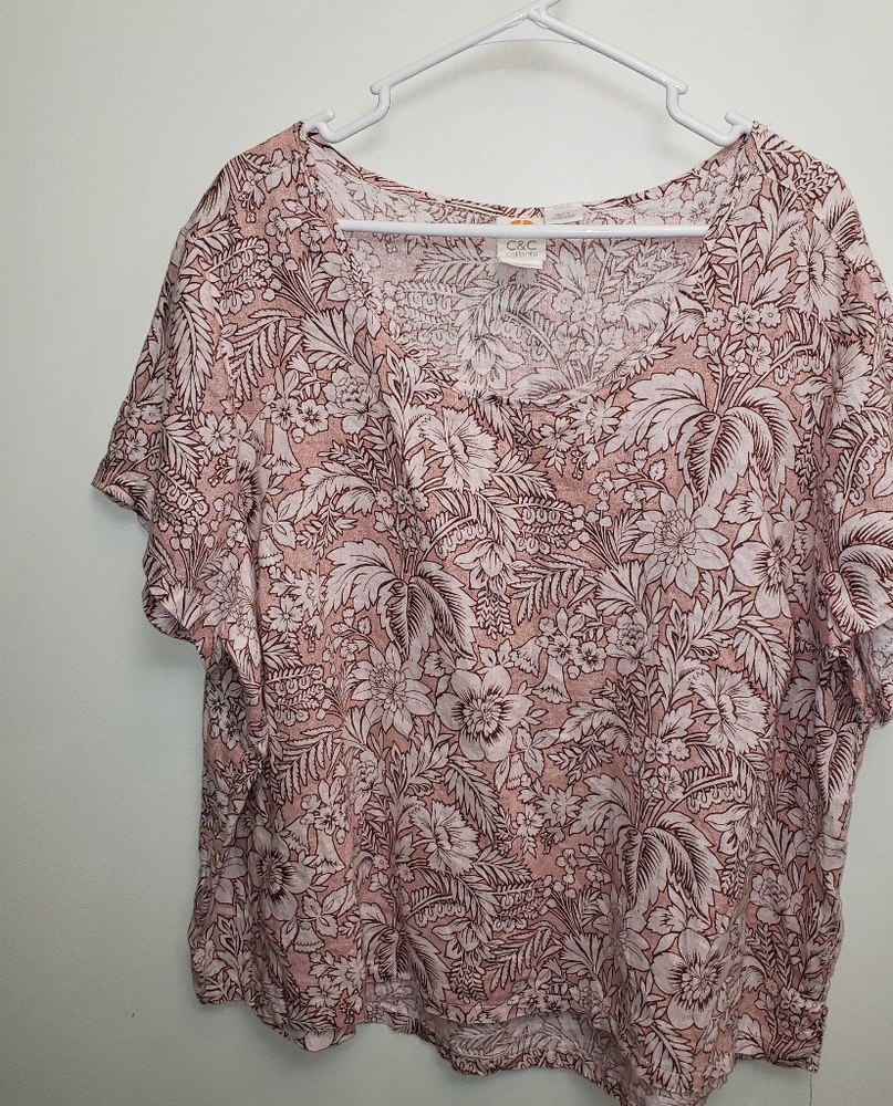 C & C California 100% Linen Floral Pink Women's Top Size 3x